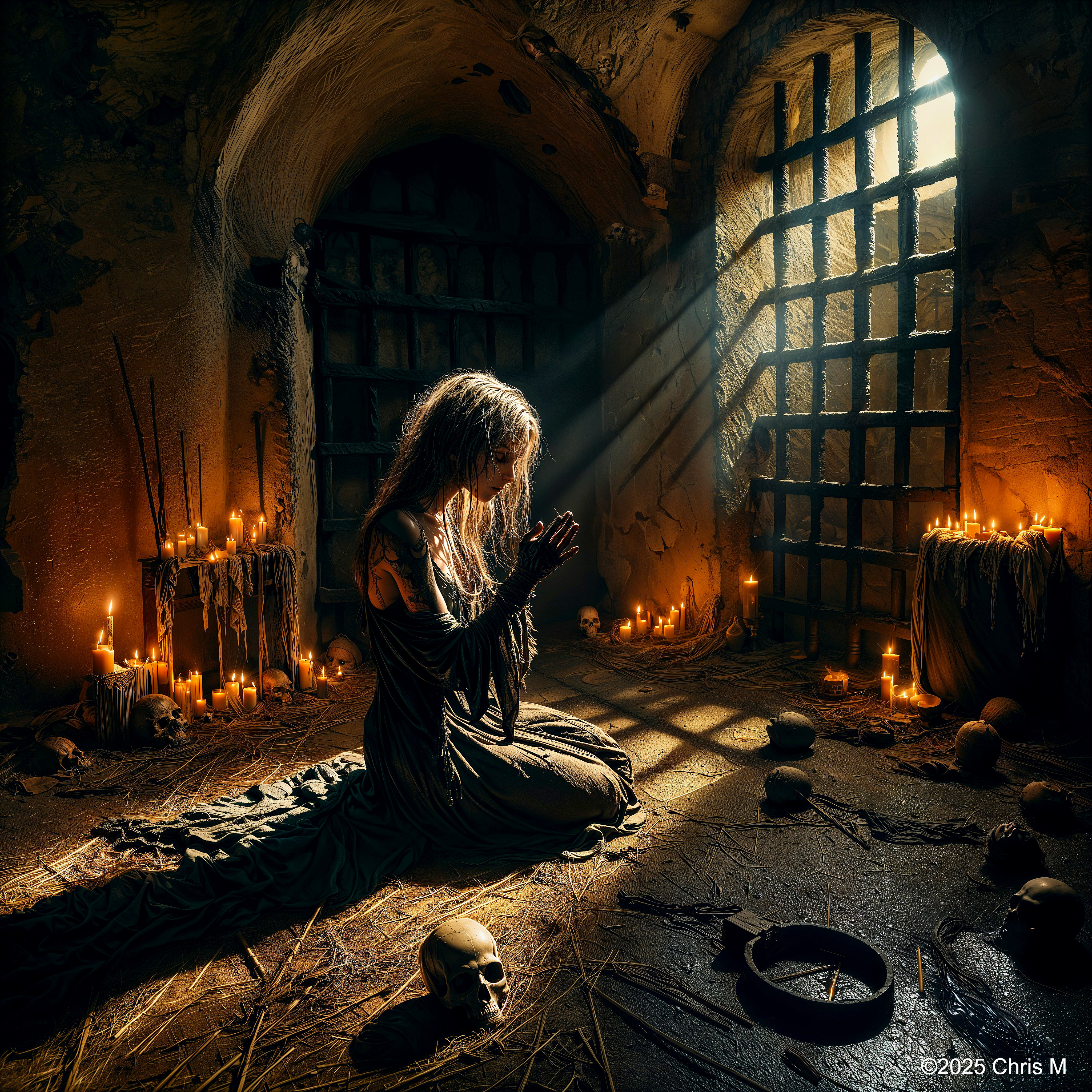 Solitary Figure Praying in a Dimly Lit Dungeon