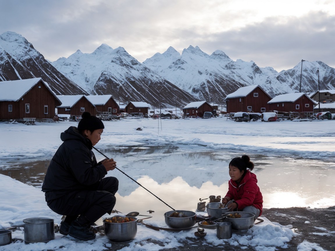 Fishing by a Frozen Pond in a Snowy Landscape