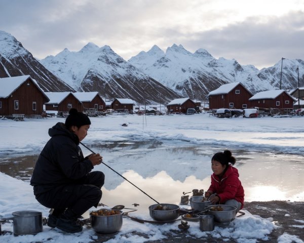 Fishing by a Frozen Pond in a Snowy Landscape