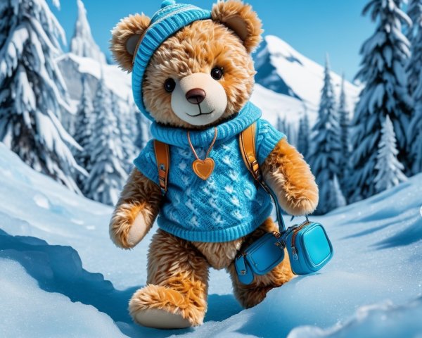 Cheerful teddy bear in snowy landscape with accessories