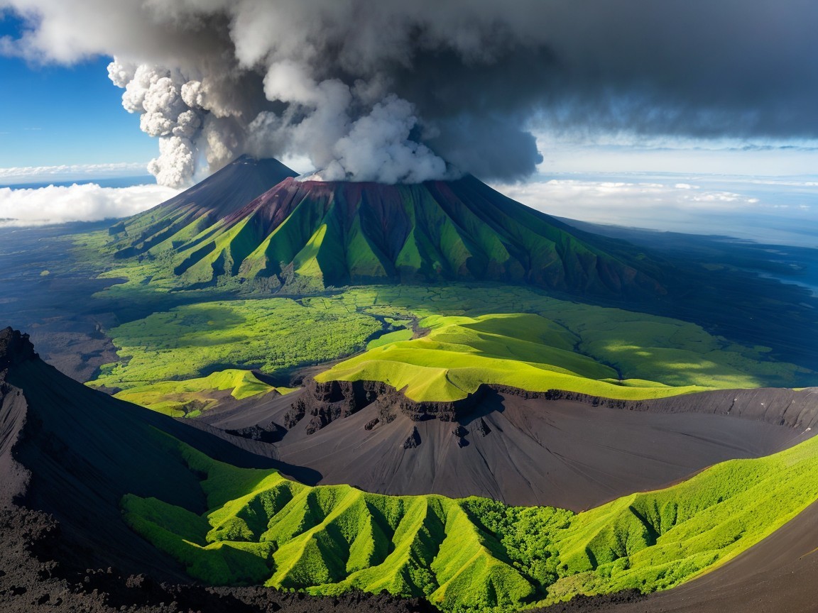 Volcanic Landscape with Ash, Smoke, and Green Slopes