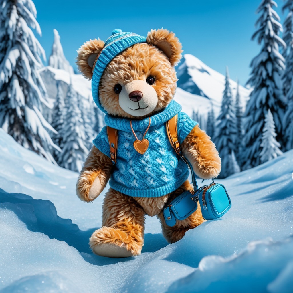 Cheerful teddy bear in snowy landscape with accessories