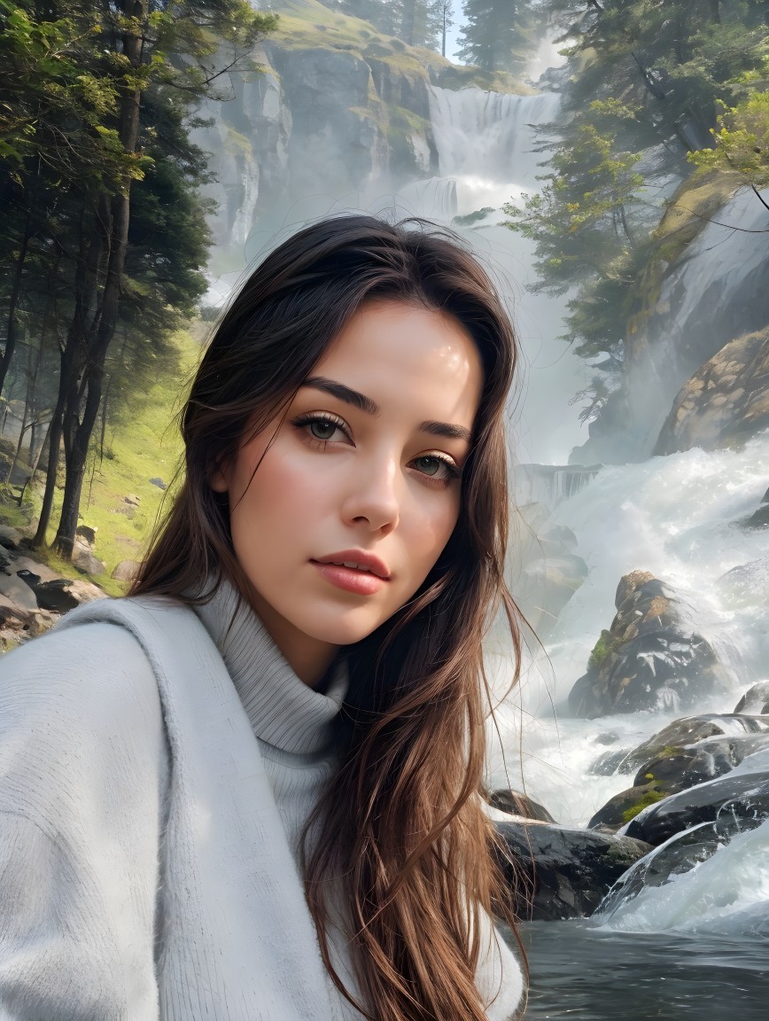 Young woman by a waterfall in lush greenery