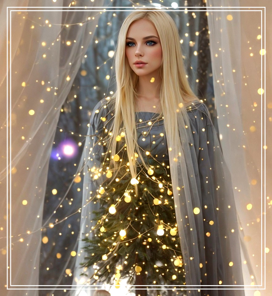 Serene Figure in Enchanting Forest with Fairy Lights