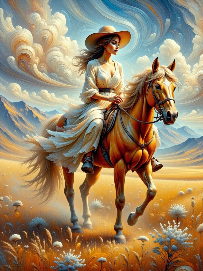 Woman in White Dress Riding Golden Horse in Landscape