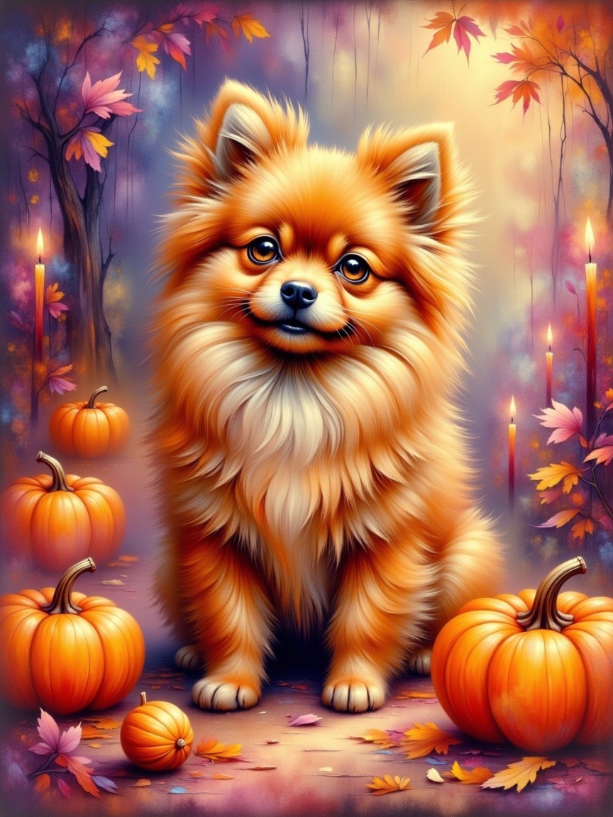 Pomeranian Surrounded by Pumpkins and Autumn Leaves