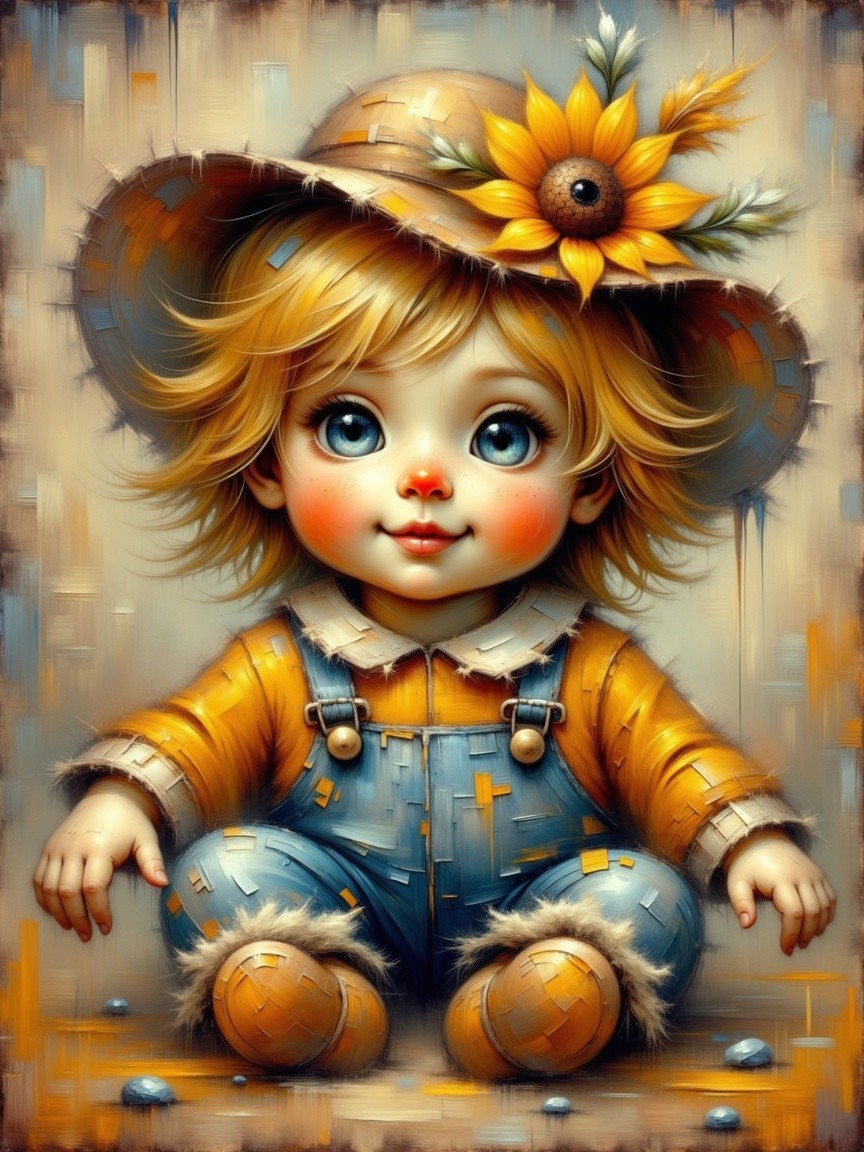 Whimsical Illustration of a Toddler in Straw Hat