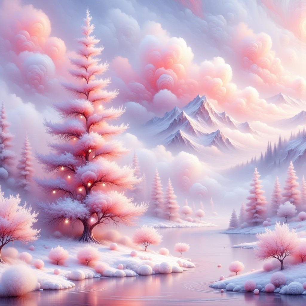Ethereal Winter Landscape with Pink Pine Tree
