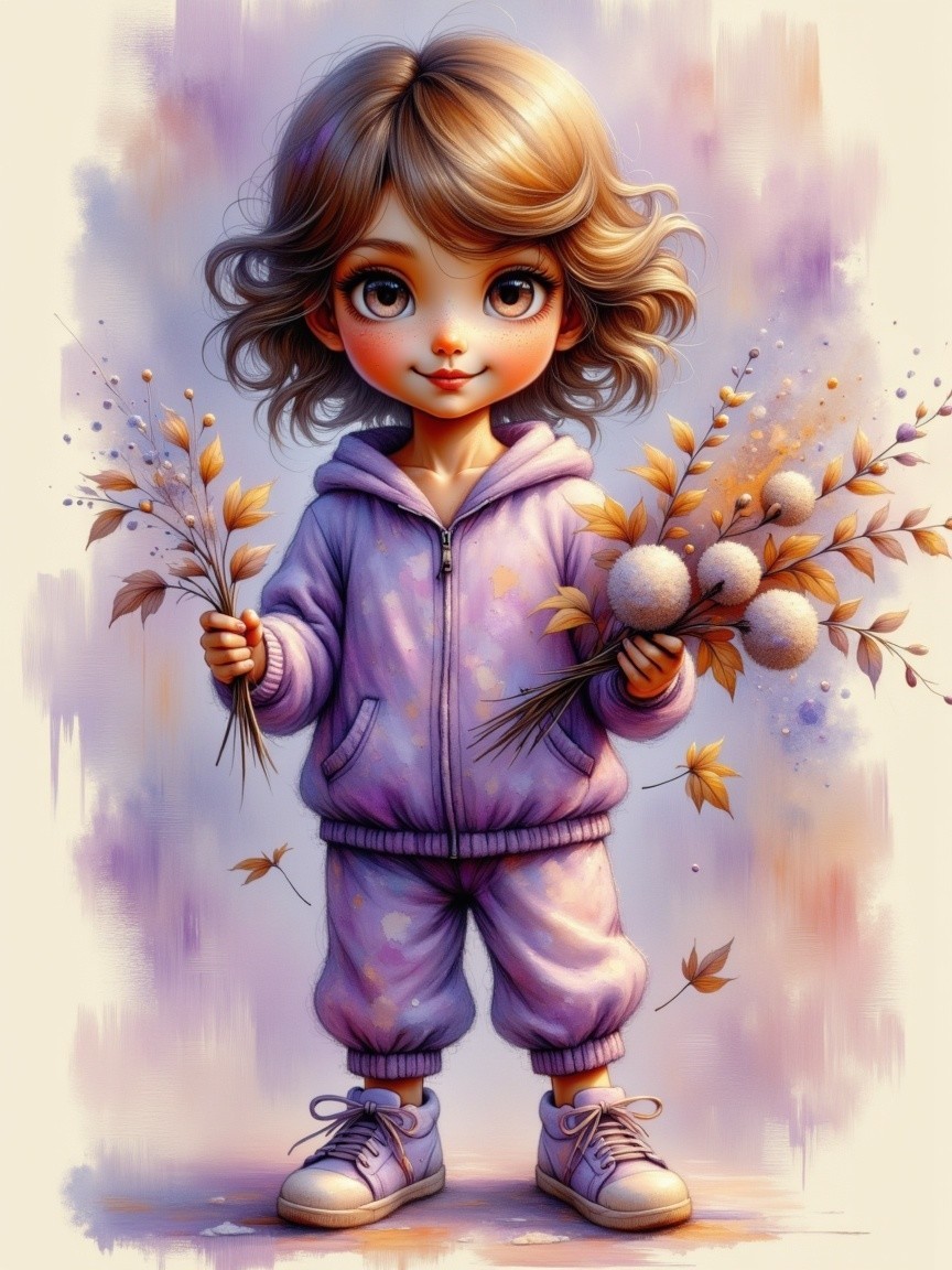 Cartoon Illustration of Girl with Dried Flower Bouquets