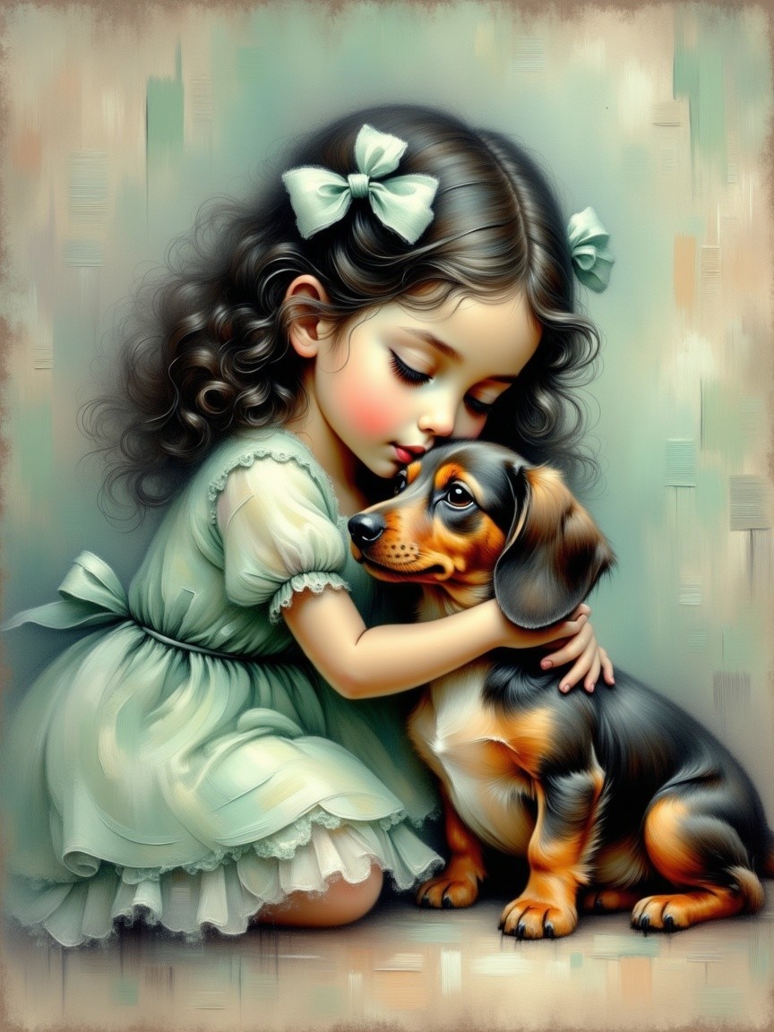 Young girl in green dress hugs playful dachshund