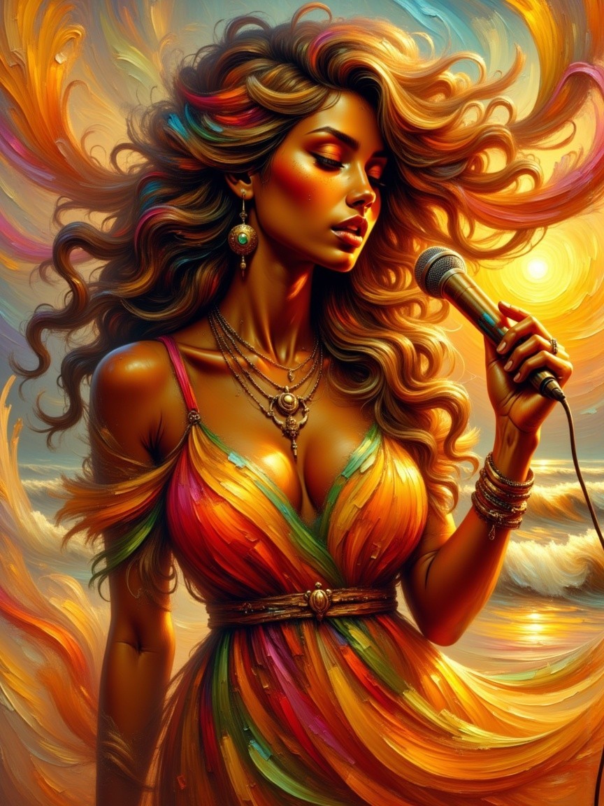 Graceful Woman with Microphone in Sunset Seascape