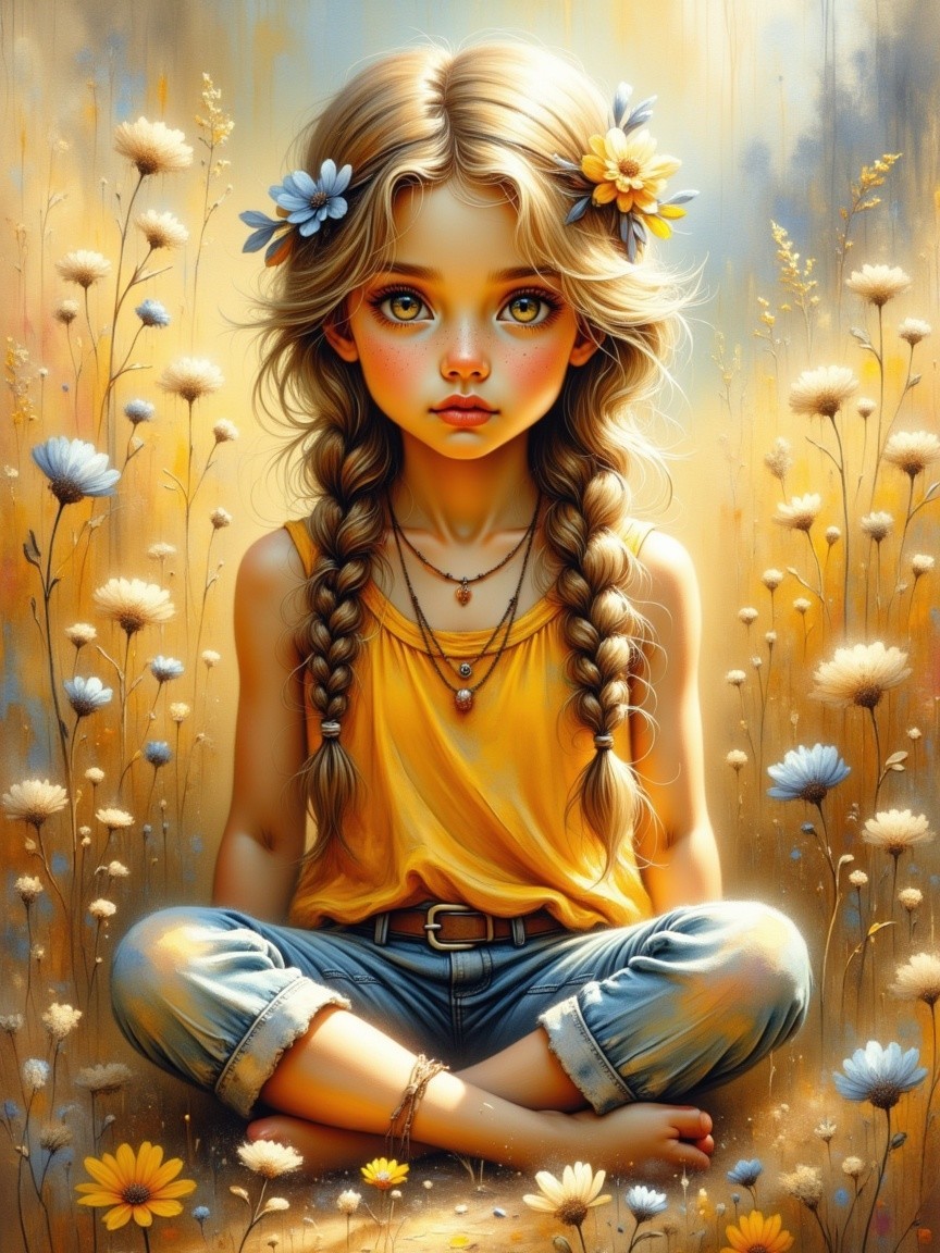 Young girl in a field of daisies with braided hair