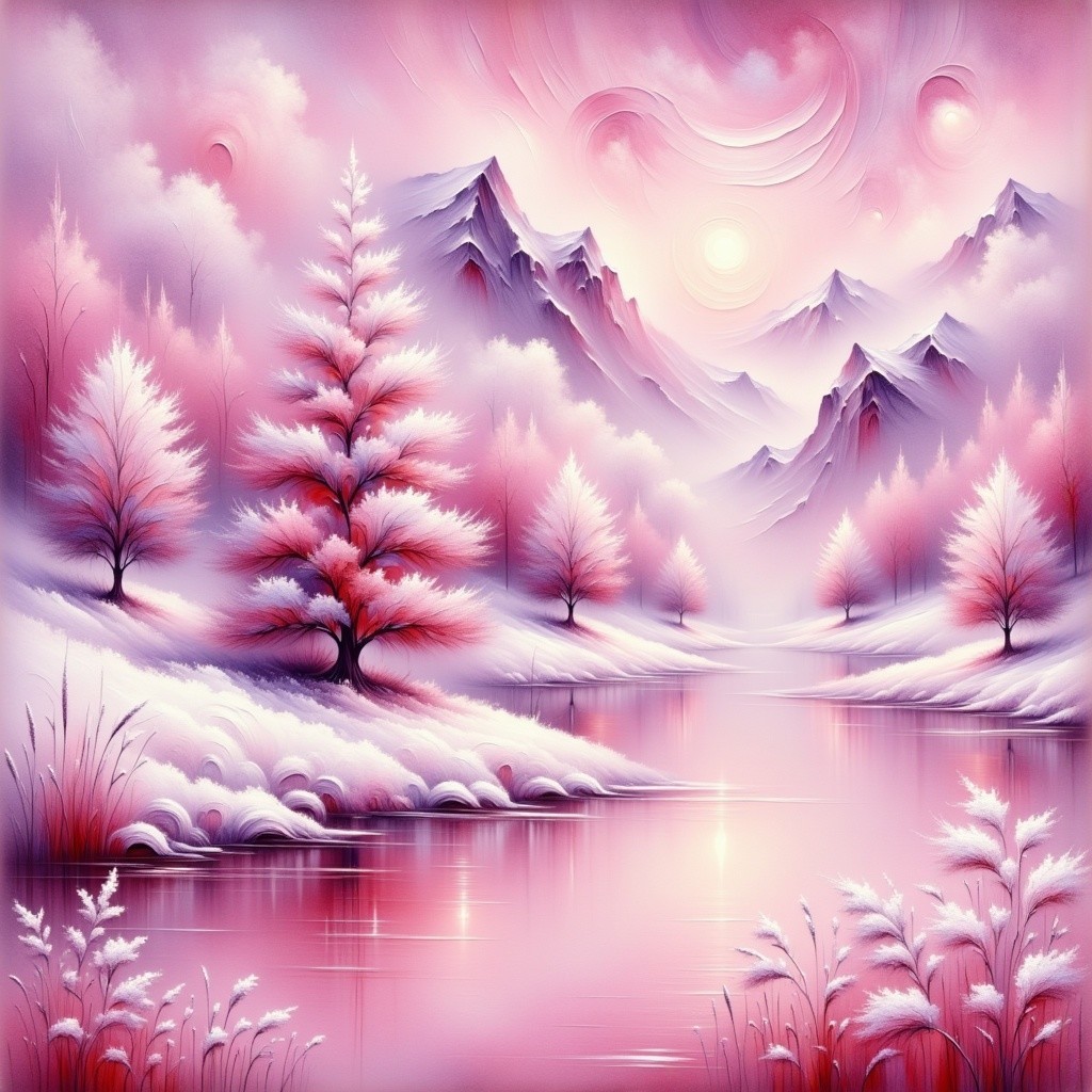 Dreamlike Winter Landscape with River and Snowy Mountains