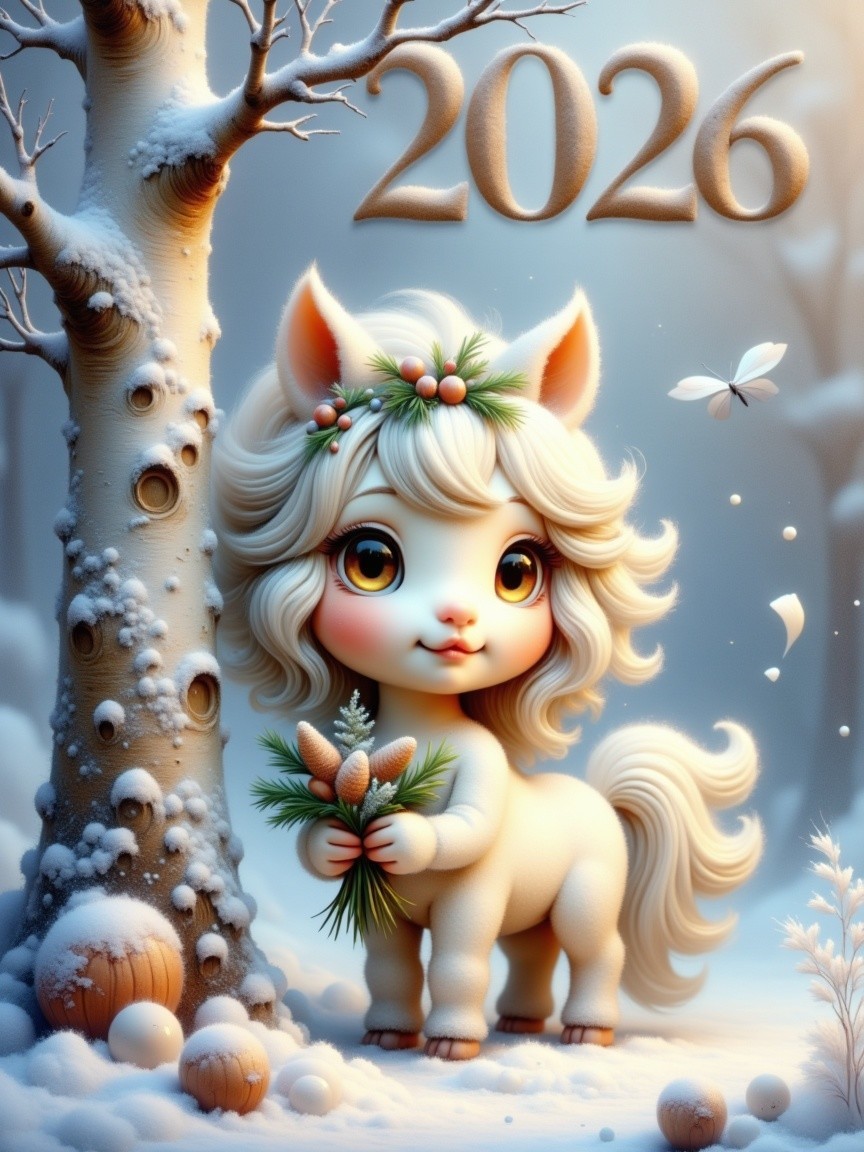 Whimsical Winter Scene with Pony and Snowflakes