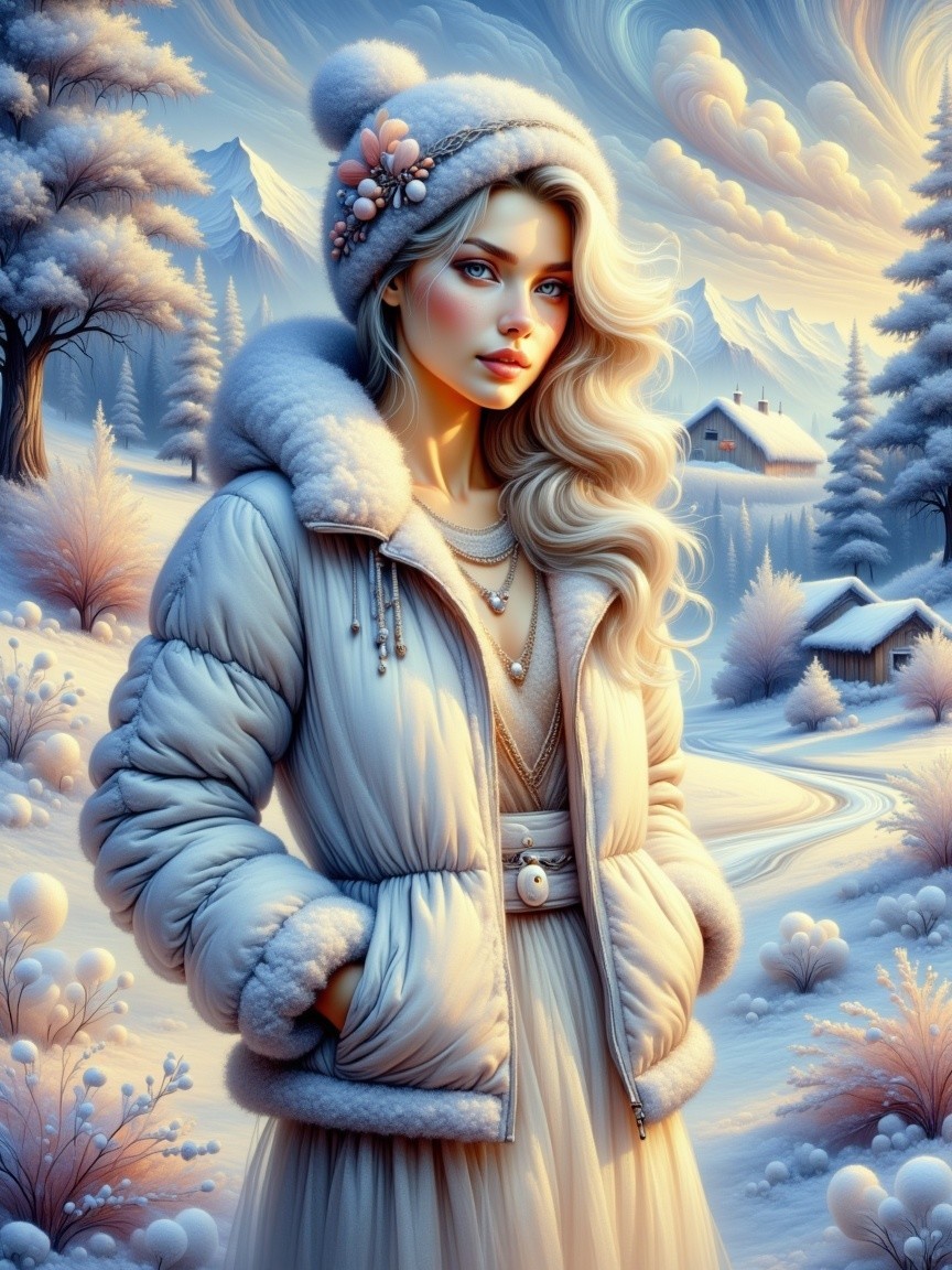 Young woman in winter landscape with pastel colors