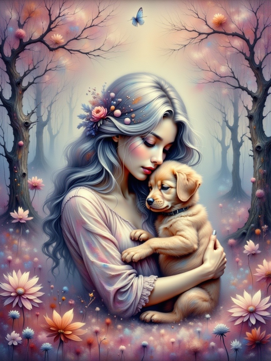 Serene Woman with Puppy in Enchanted Forest Scene