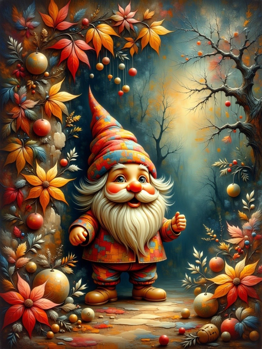 Whimsical Gnome in Vibrant Autumn Landscape