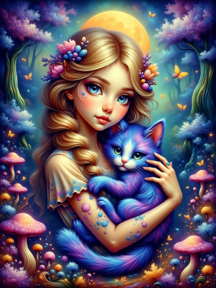 Whimsical Fantasy Scene with Girl and Blue Cat