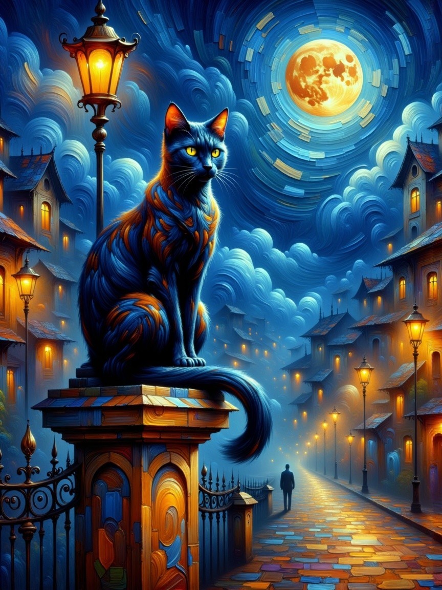 Blue Cat on Pedestal Under Moonlit Night Sky