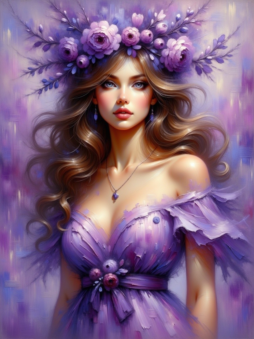 Woman in Lavender Dress with Floral Crown and Purple Background