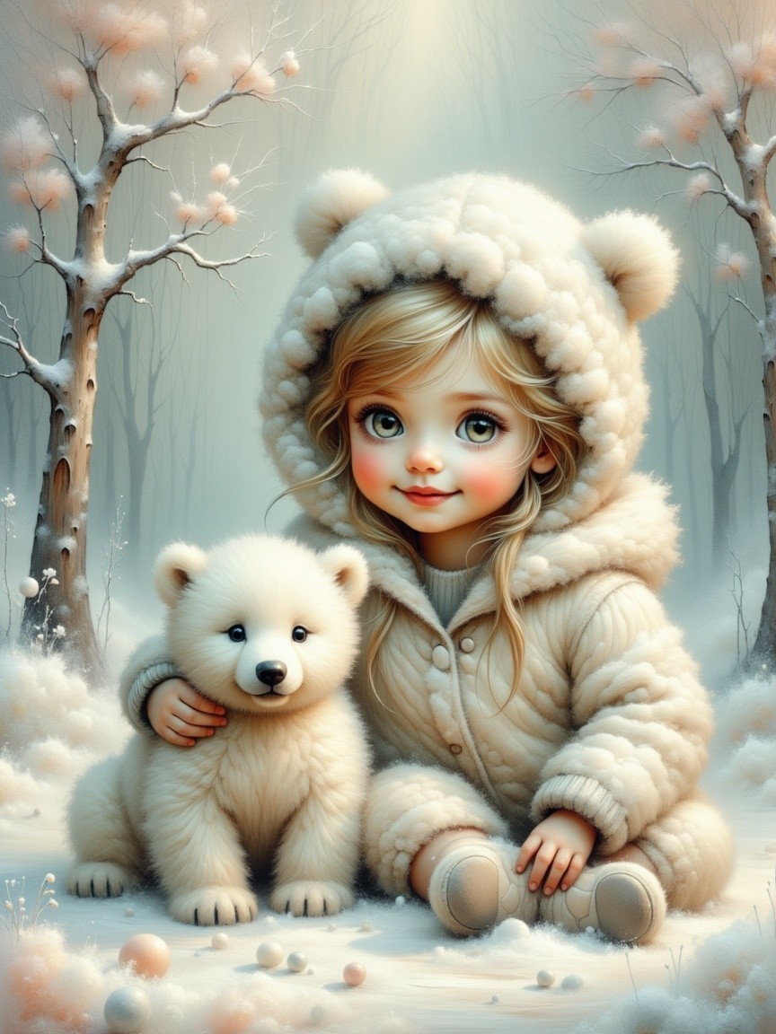 Winter Scene with Girl and Polar Bear Cub