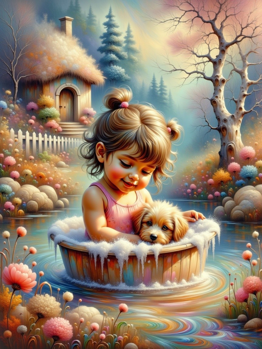 Joyful girl bathing puppy in a wooden tub outdoors