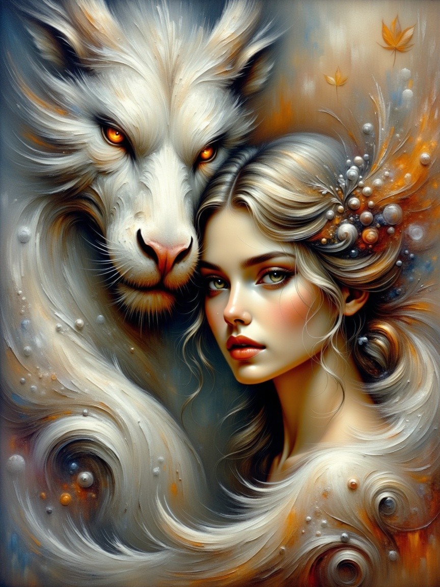 Fusion of Woman and Lion in Ethereal Artwork