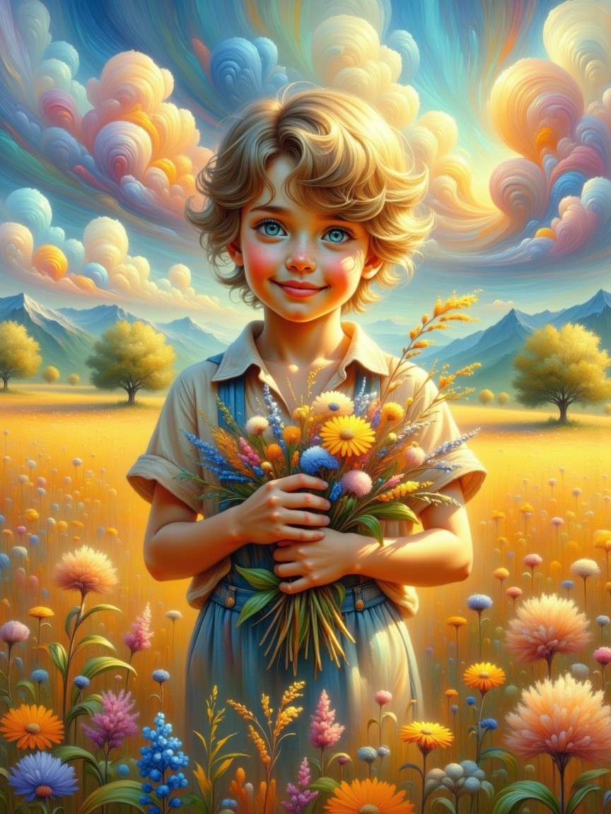 Child in a Colorful Flower Field with Mountains