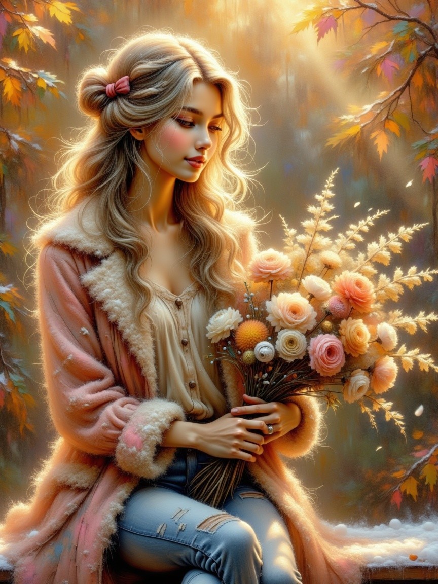 Young Woman in Autumn Setting with Flowers