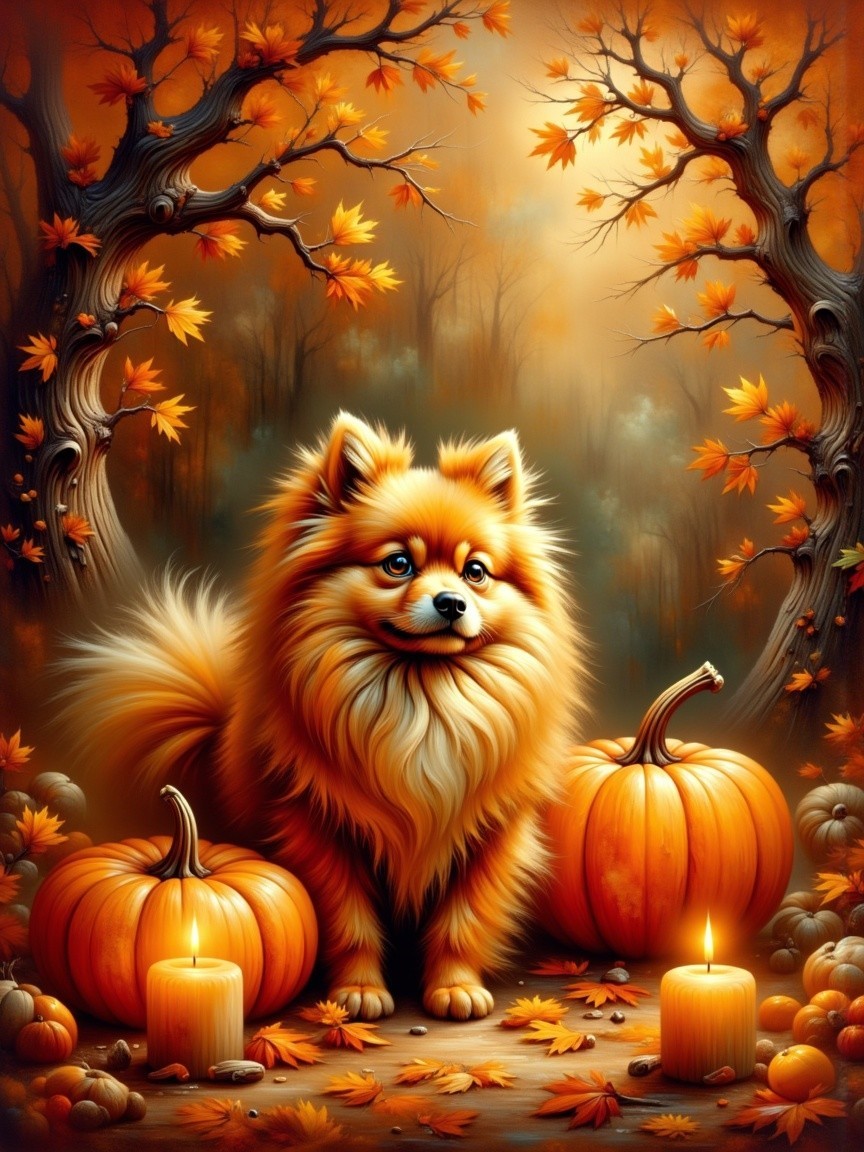 Fluffy Pomeranian in Vibrant Autumn Foliage Scene