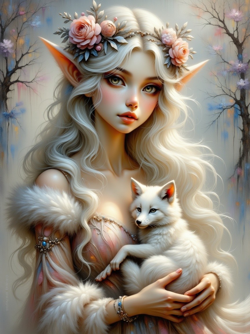 Elf Woman with Fox and Floral Crown in Nature Setting