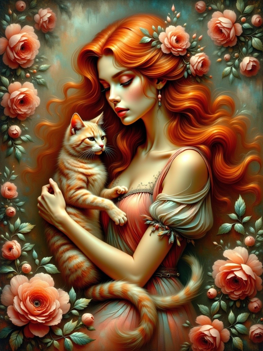 Young woman with red hair and orange tabby cat