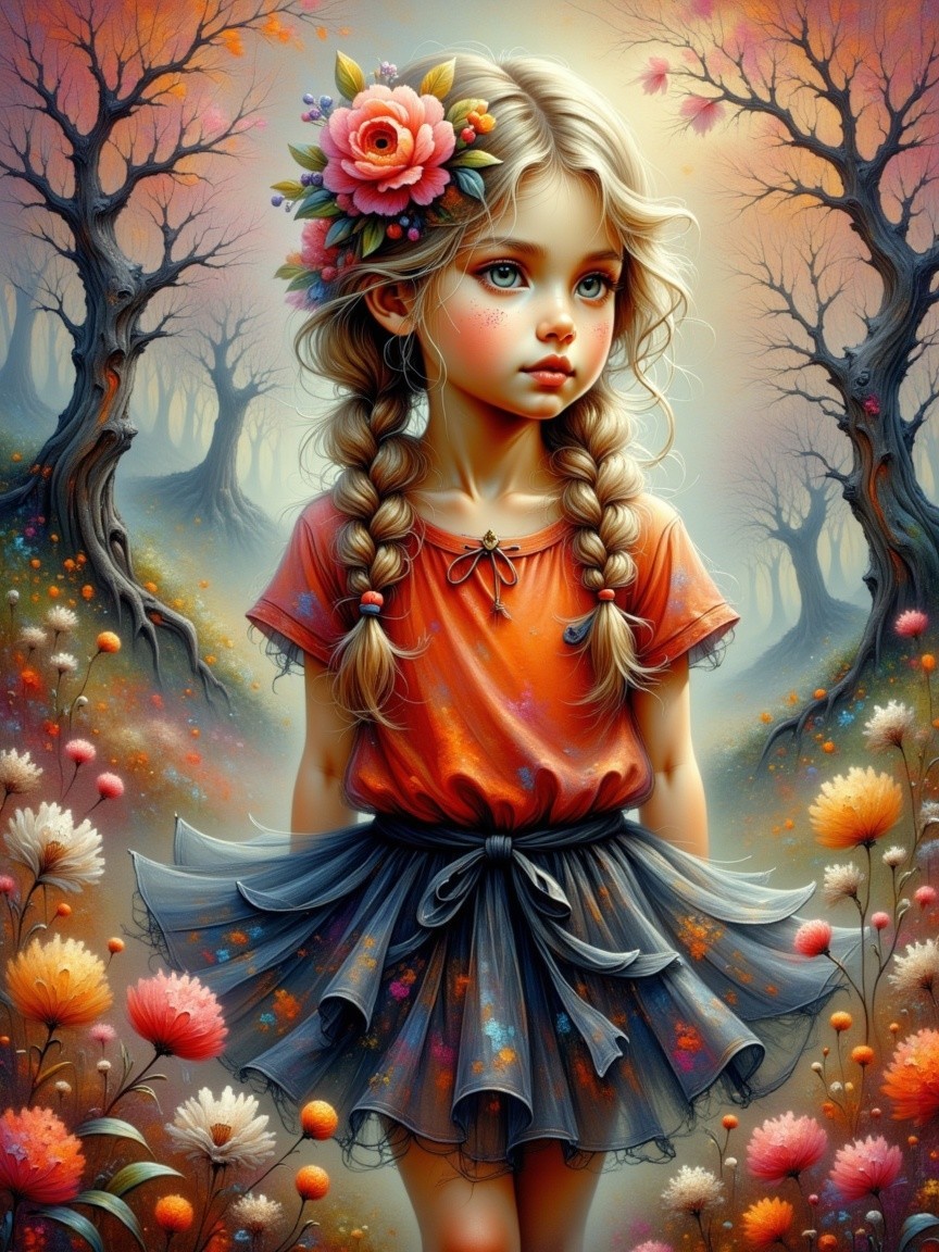 Young girl in whimsical forest with vibrant flowers