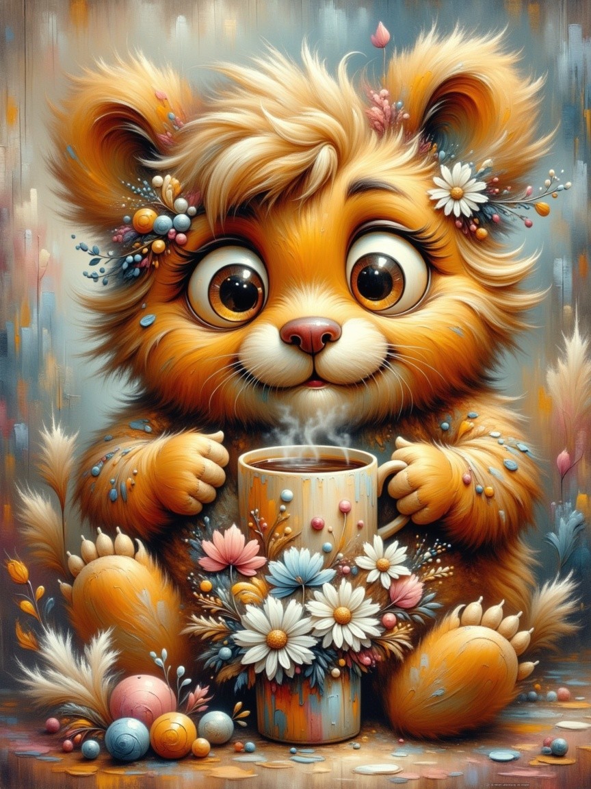 Fluffy Bear Character with Mug in Pastel Background
