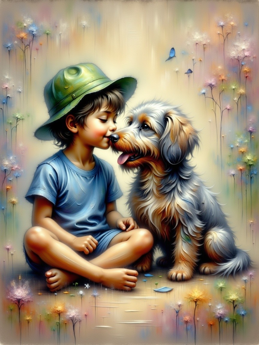 Young boy in green hat shares moment with fluffy dog