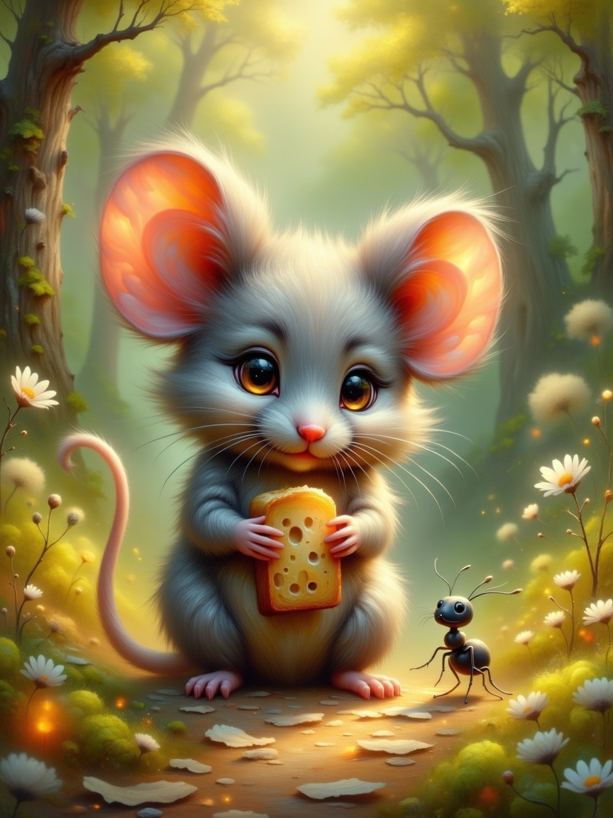 Whimsical Forest Scene with Mouse and Ant Interaction
