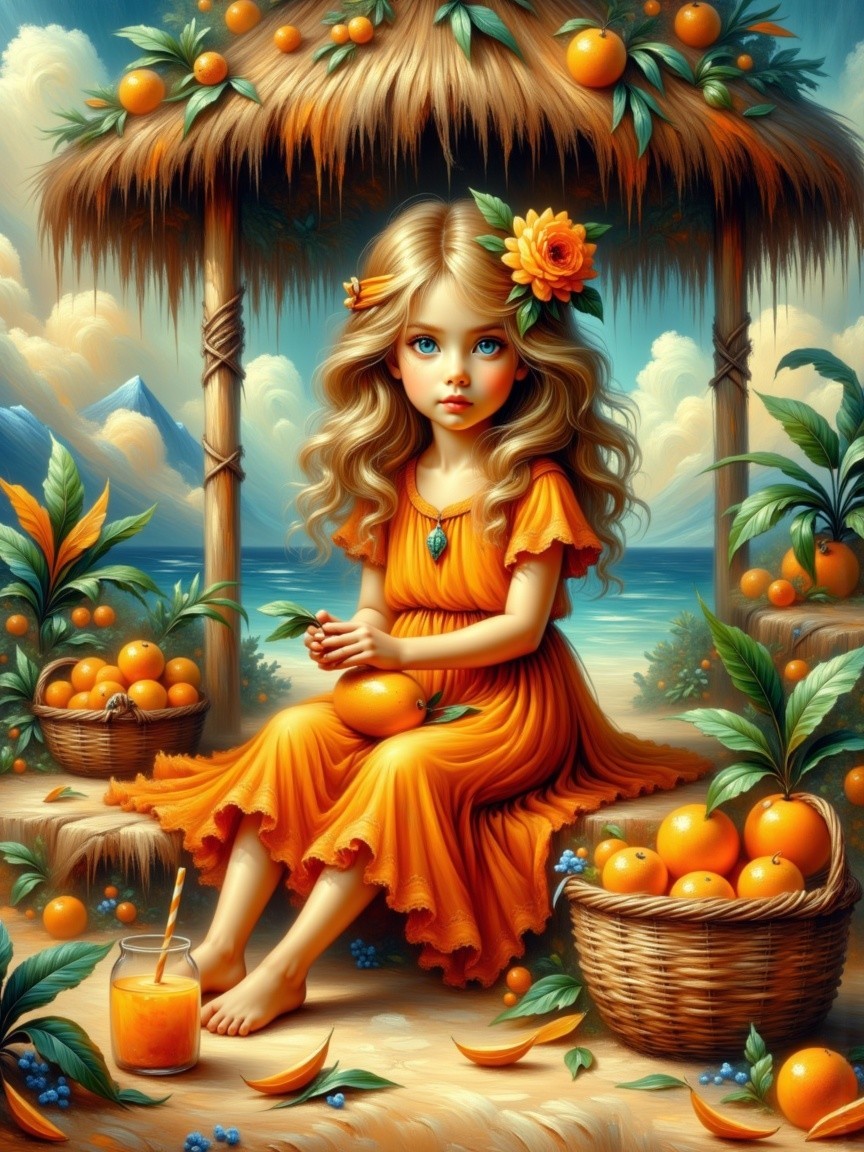 Young girl in orange dress under tropical hut