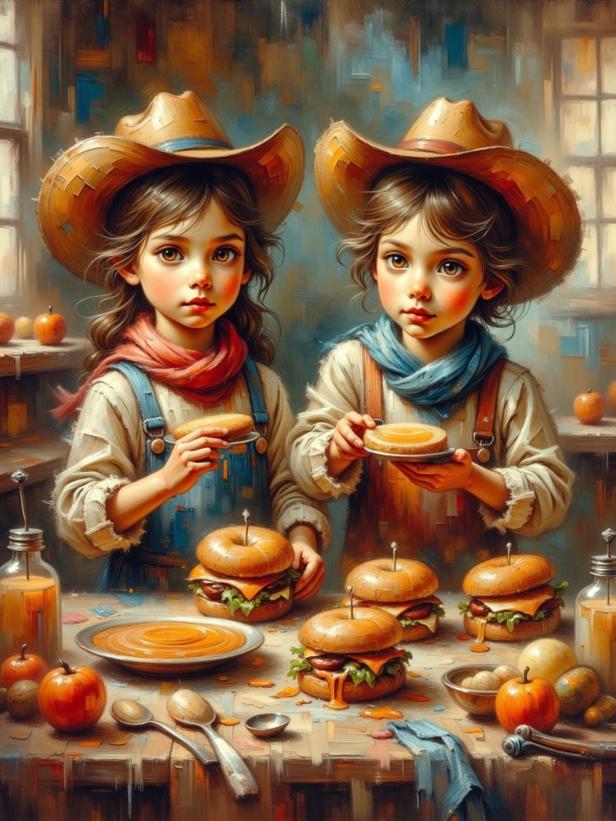 Children in Cowboy Hats in Rustic Kitchen Setting