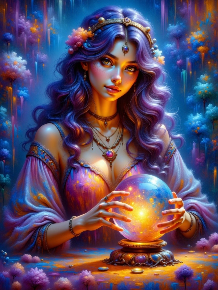 Mystical Woman with Purple Hair and Crystal Ball