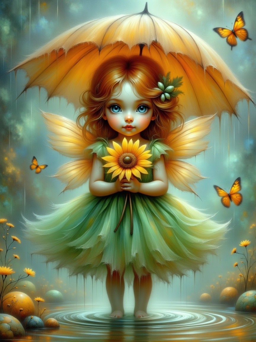 Whimsical Fairy Girl in Serene Landscape with Sunflower