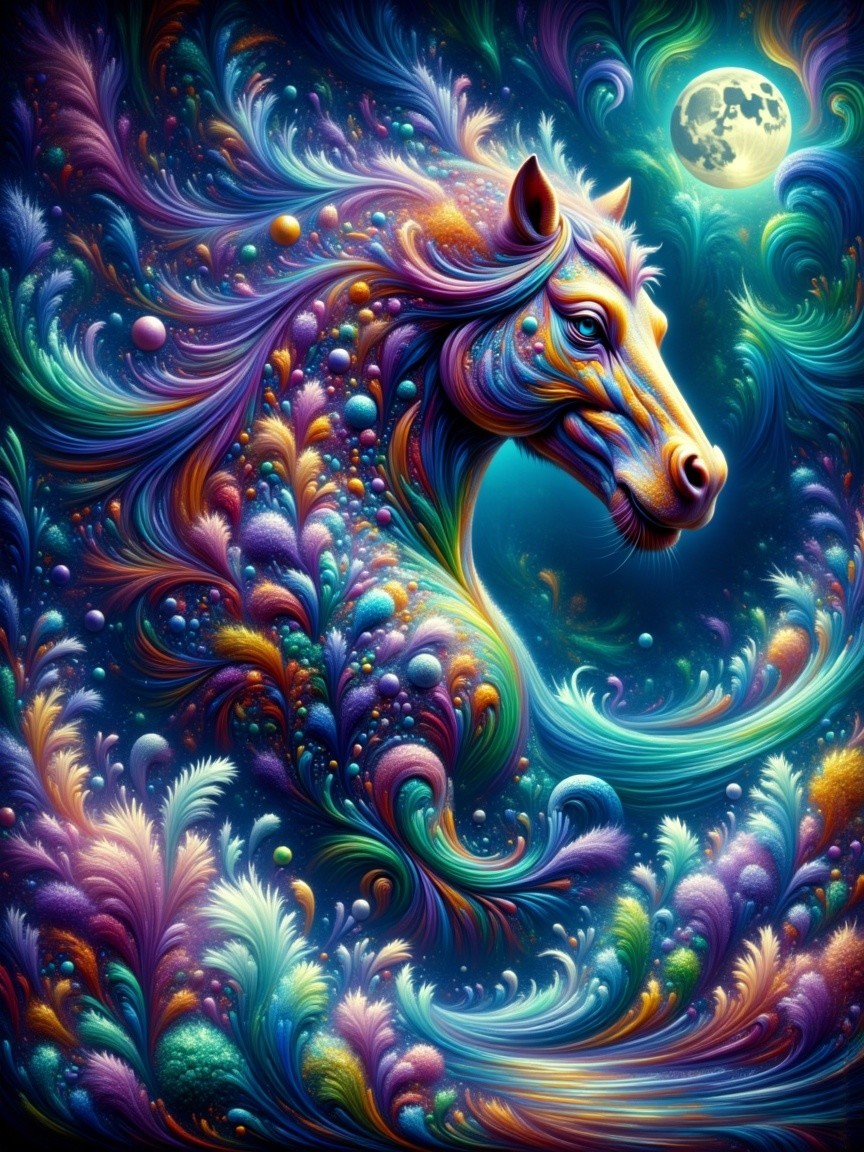 Vibrant Horse Head with Colorful Patterns and Moonlight
