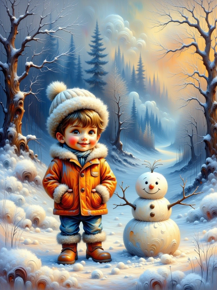 Cheerful boy in snowy landscape with snowman