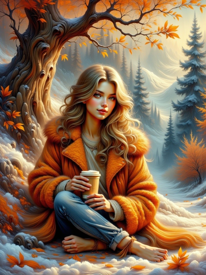 Young Woman in Cozy Coat Amidst Autumn Landscape