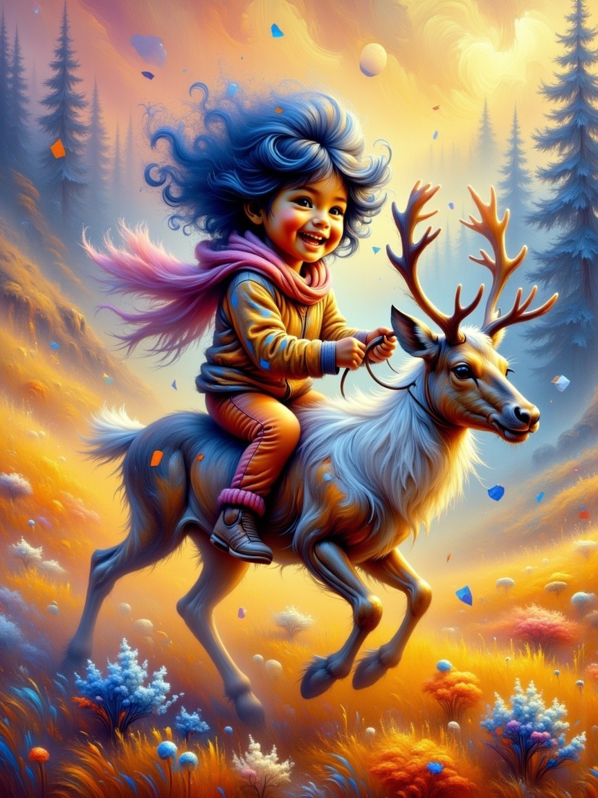 Child Riding Reindeer in Colorful Autumn Landscape
