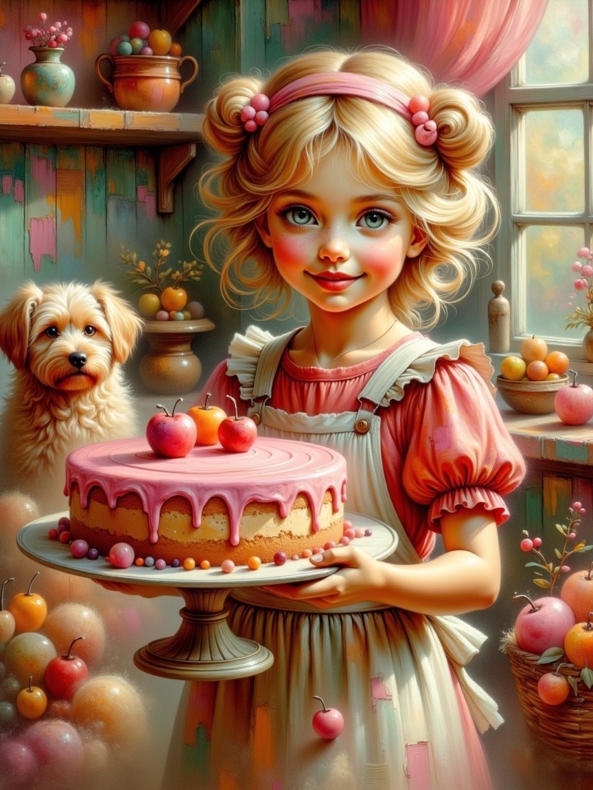 Cheerful girl with cake in a cozy kitchen setting