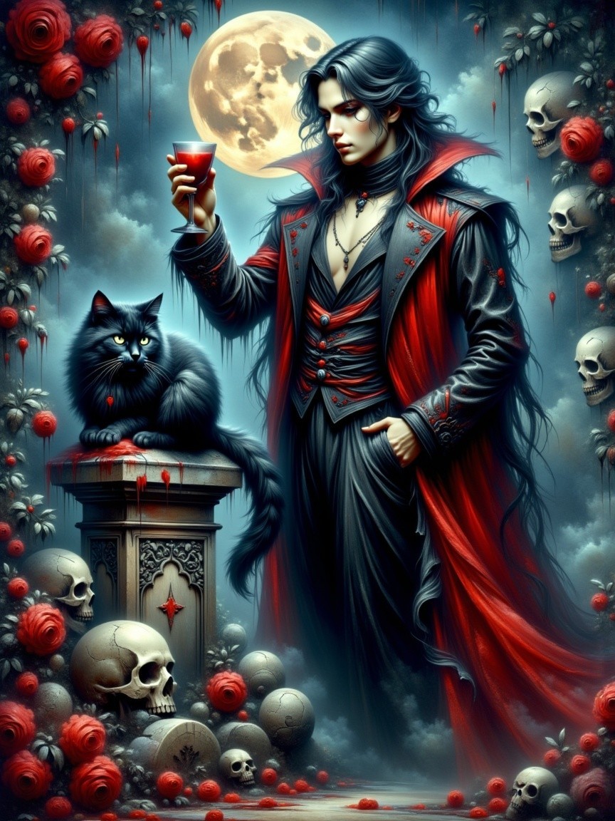 Mysterious figure in cloak with cat and gothic backdrop