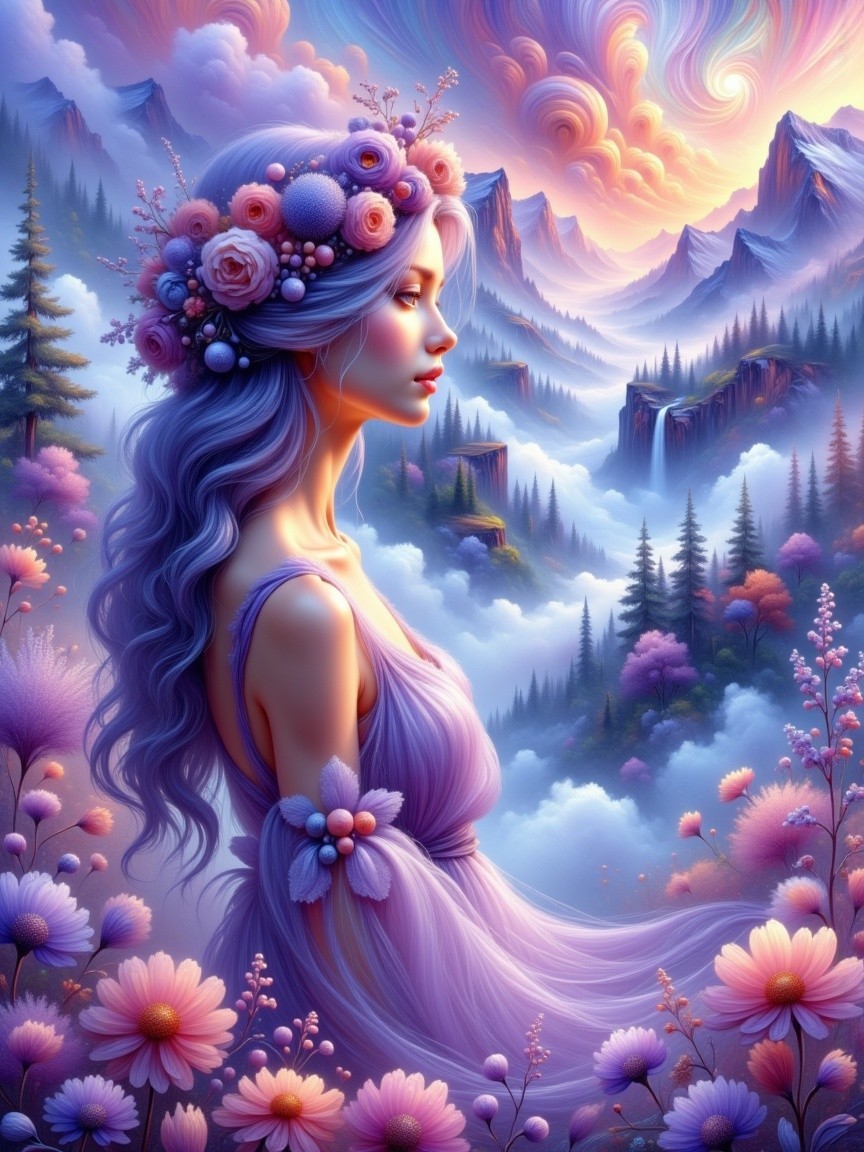 Young Woman in Lavender Hair Amidst Scenic Landscape