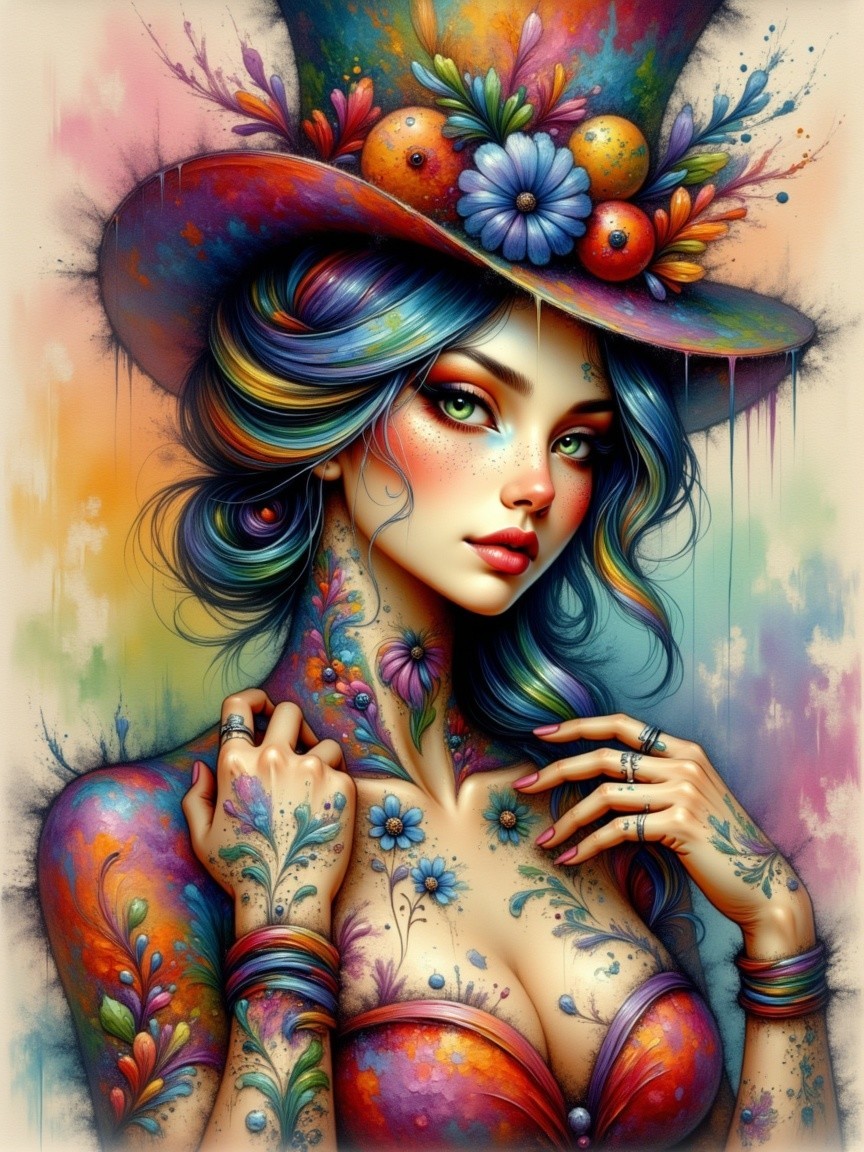 Colorful Portrait of a Woman with Floral Tattoos