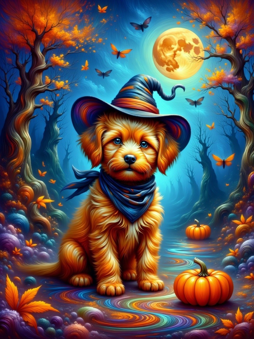 Whimsical Puppy in Enchanted Halloween Forest Scene