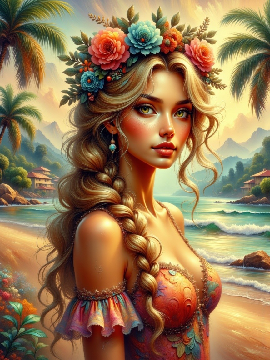 Young woman in floral crown on a tropical beach